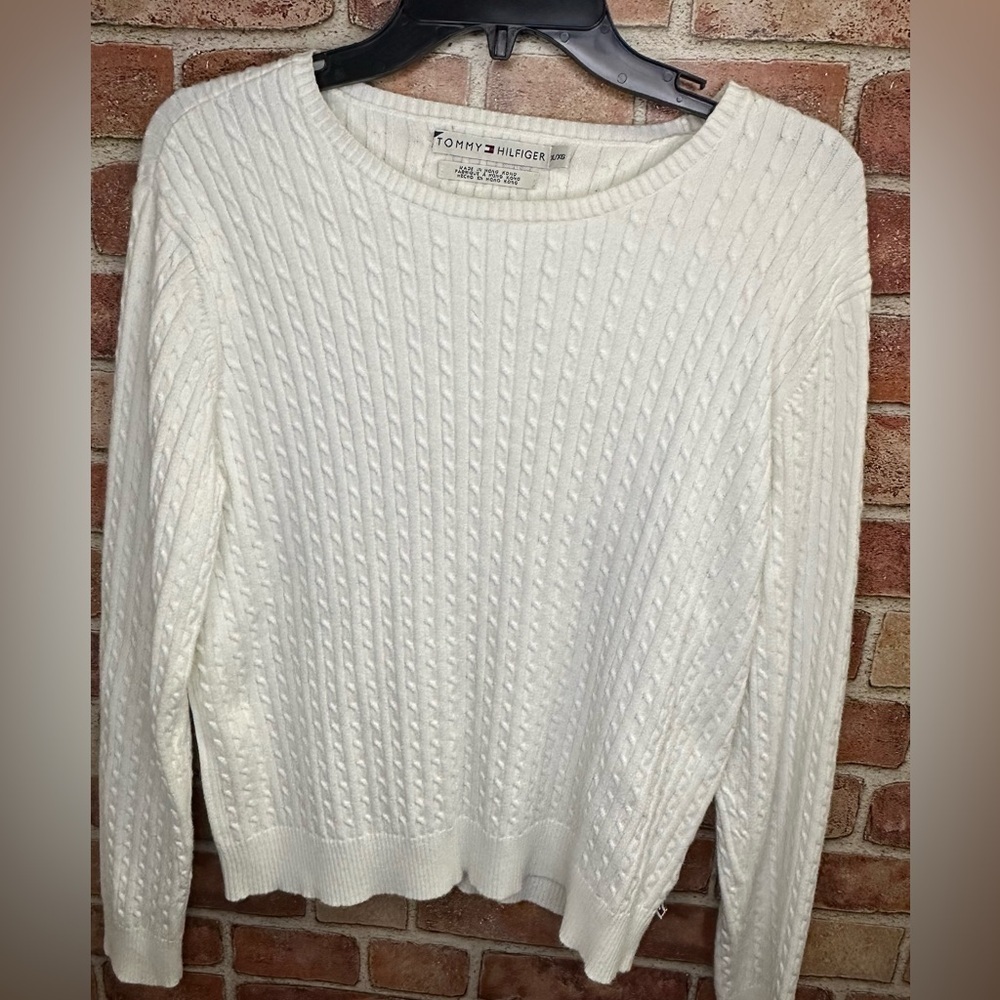 Classic cable knit cream/White tennis prep Cotton Sweater size XL-Tommy Hilfiger